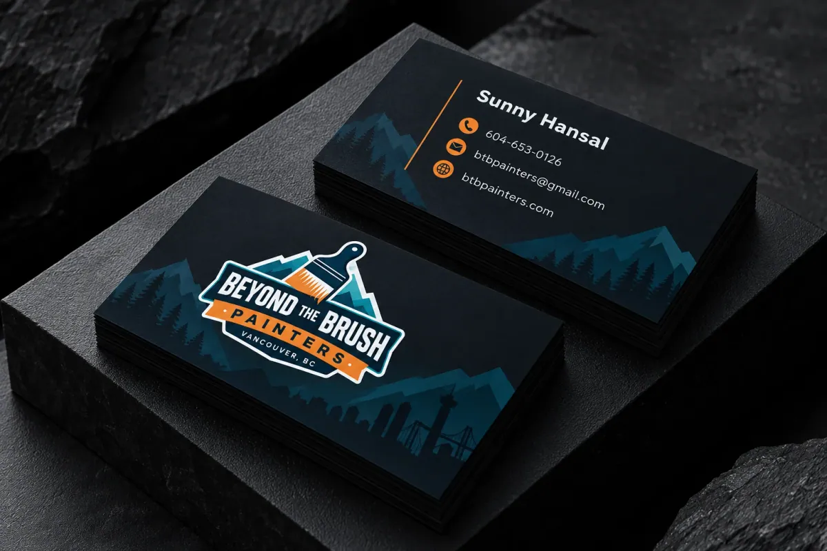 Beyond The Brush Painters business cards: the logo on one side, Sunny Hansal's contact details on the other
