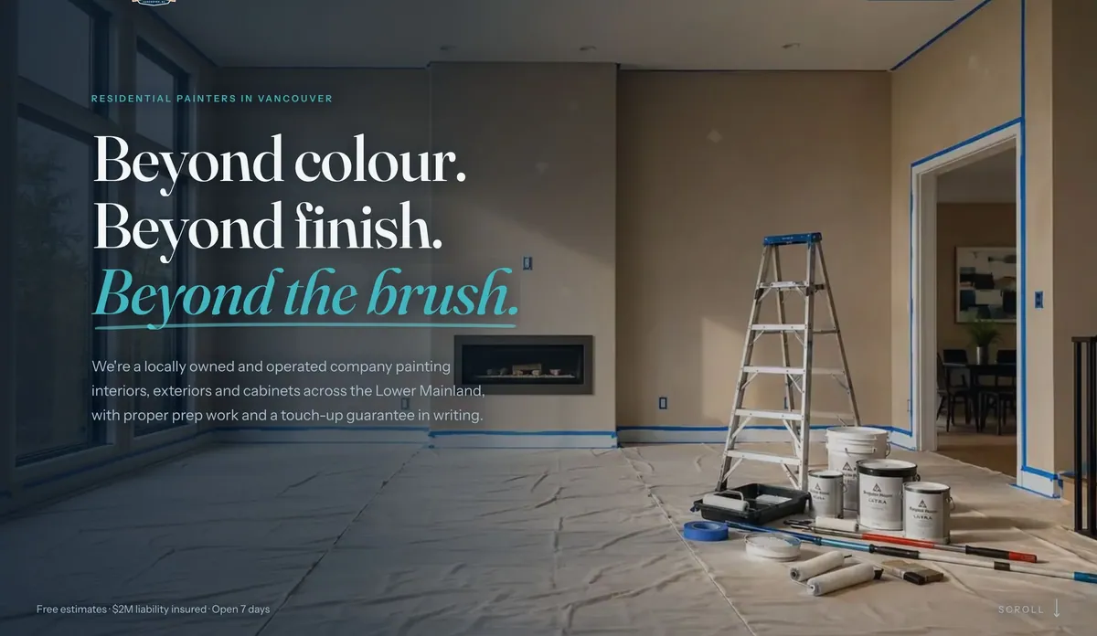 Animation frame: a living room taped off with drop sheets, a ladder and paint cans