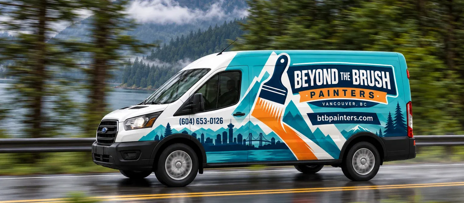 A work van wrapped in the Beyond The Brush Painters brand on a mountain highway