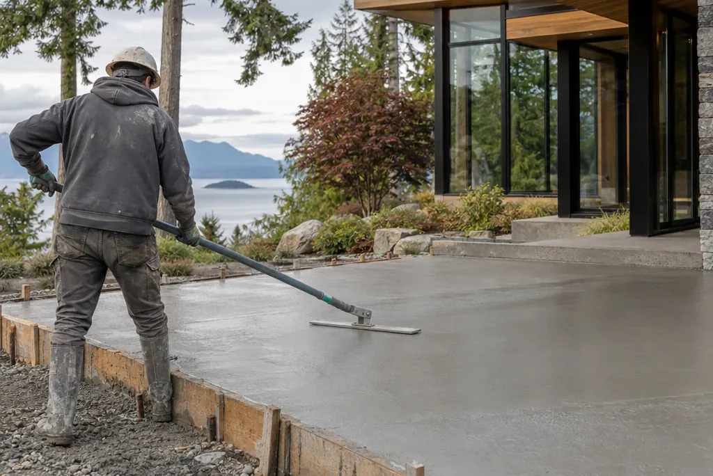 Concrete finisher smoothing a fresh driveway pour