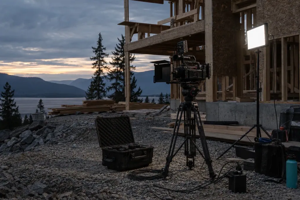 Video camera and lights set up on a home construction site