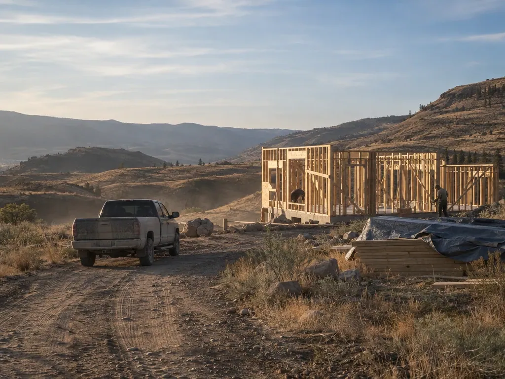 Pickup truck beside a custom home being framed on a hillside