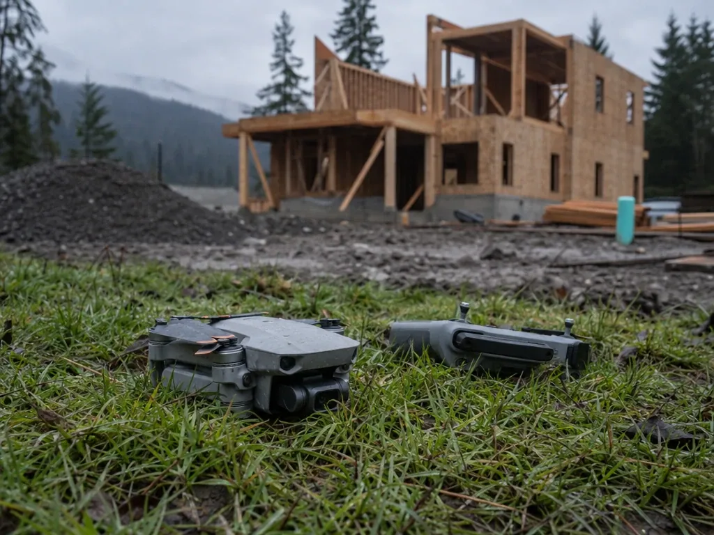 Drones on the grass in front of a home under construction