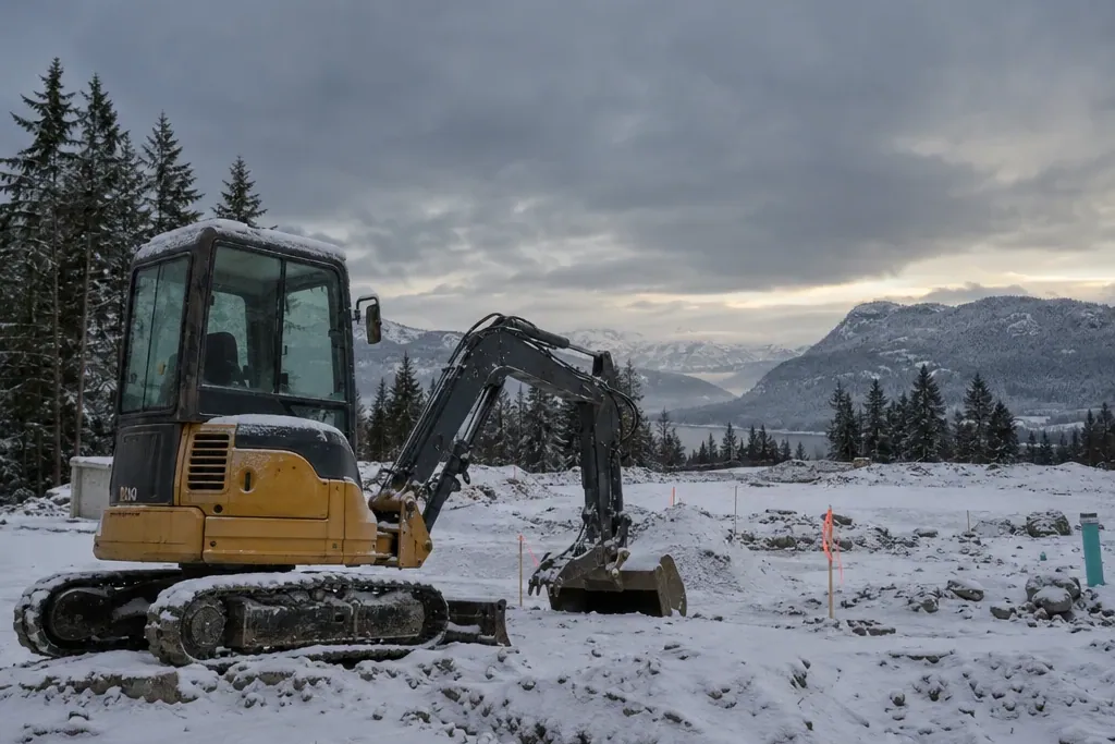 Mini excavator on a snowy building site