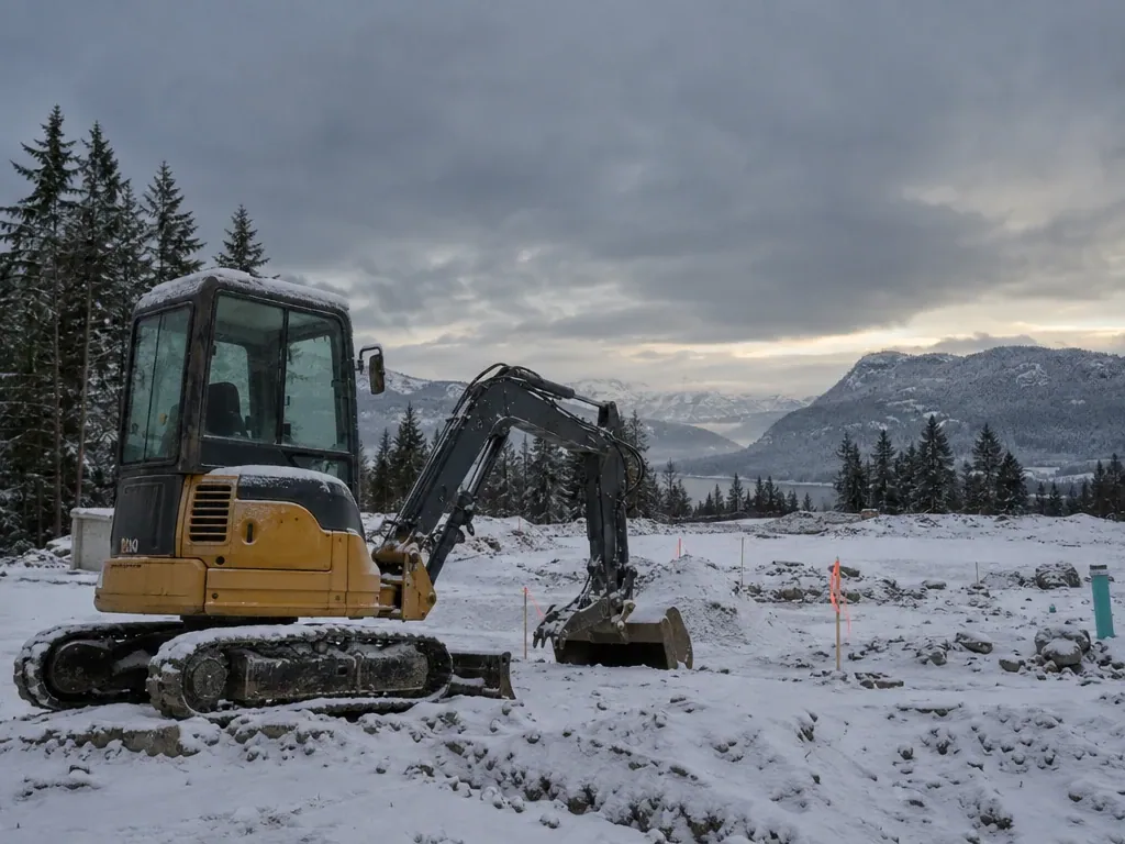 Mini excavator on a snowy building site