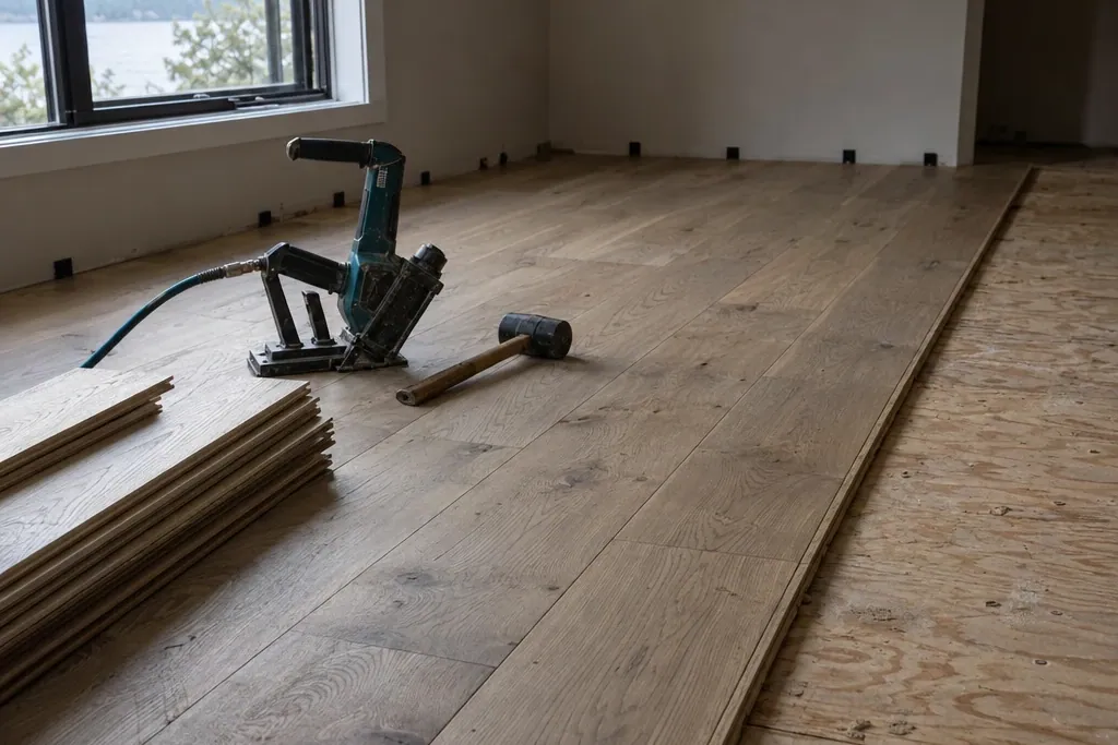 Hardwood flooring going down with a floor nailer