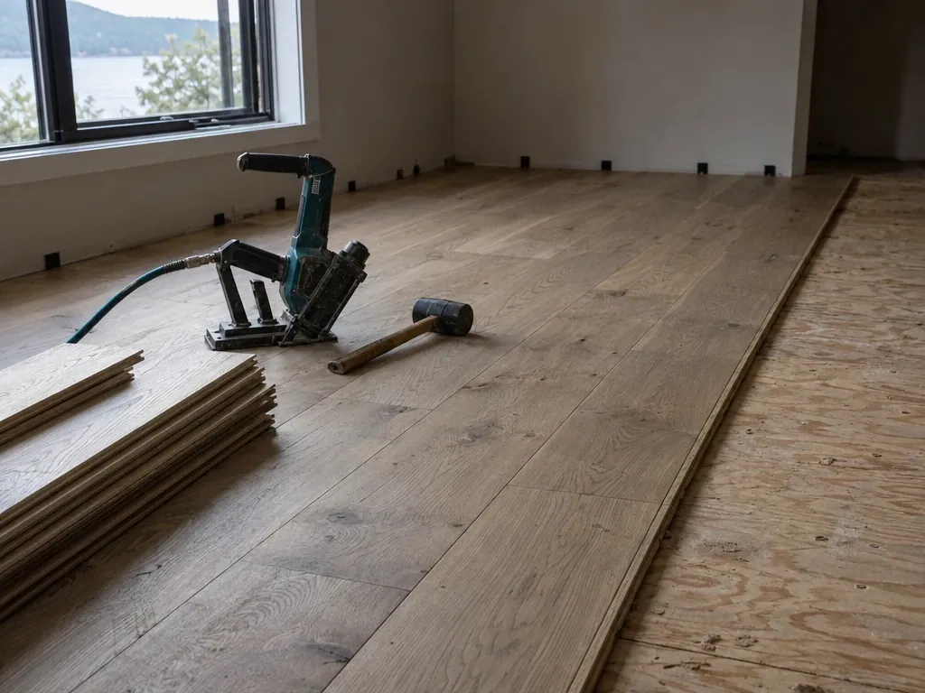 Hardwood flooring going down with a floor nailer