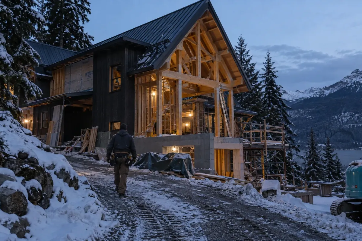 A framer walking up a snowy road toward a lit timber-frame home under construction, with a mountain lake beyond