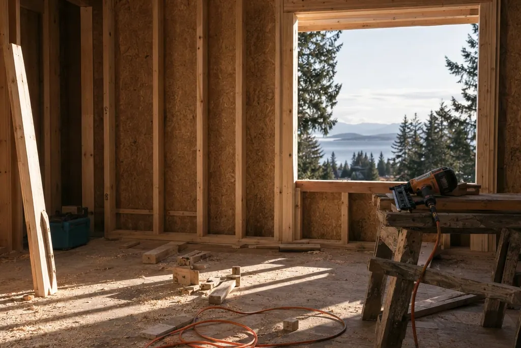 Framed interior of a new home with a lake view