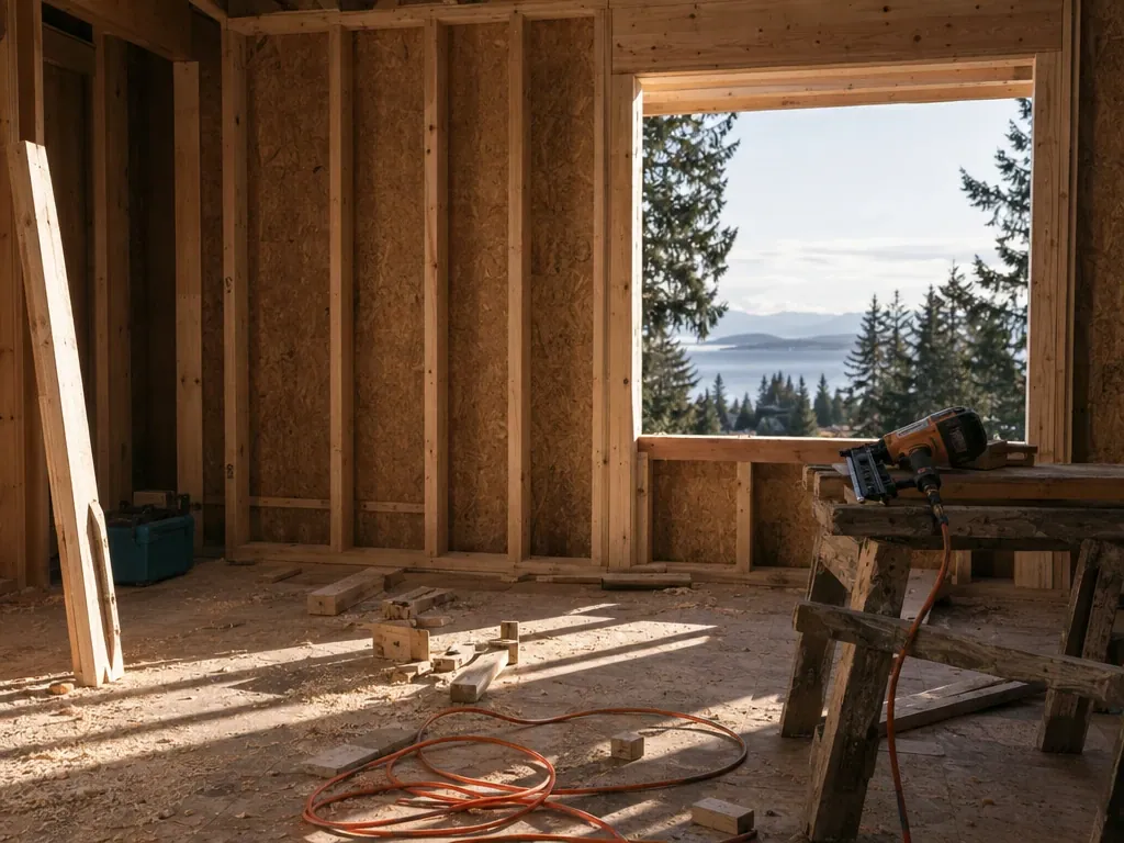 Framed interior of a new home with a lake view