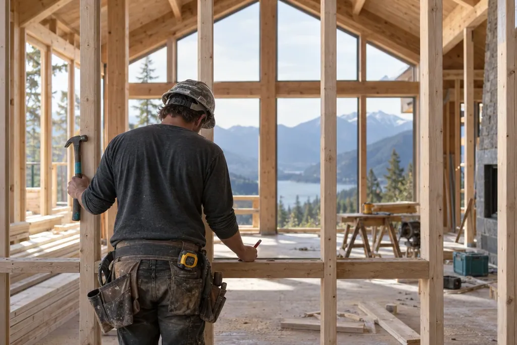 Framer building a wall in a new home with mountain views