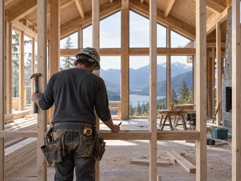Framer building a wall in a new home with mountain views