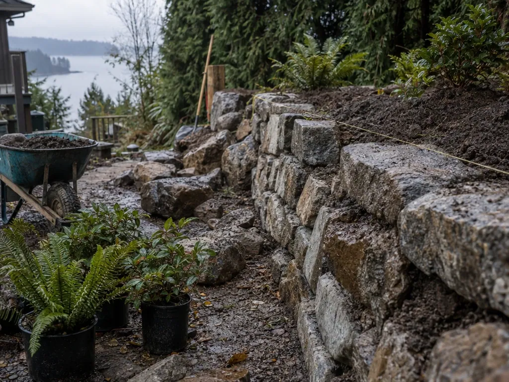 Stone retaining wall and new planting