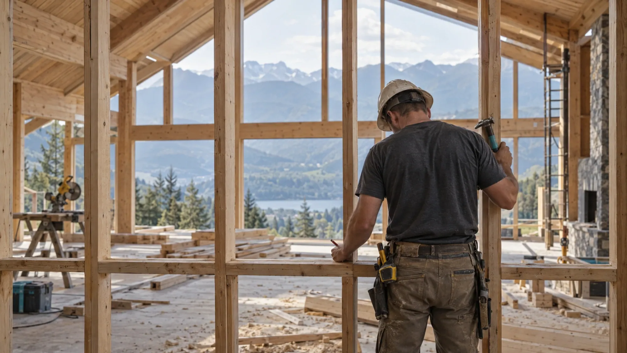 A framer at work inside a new home with mountain and lake views