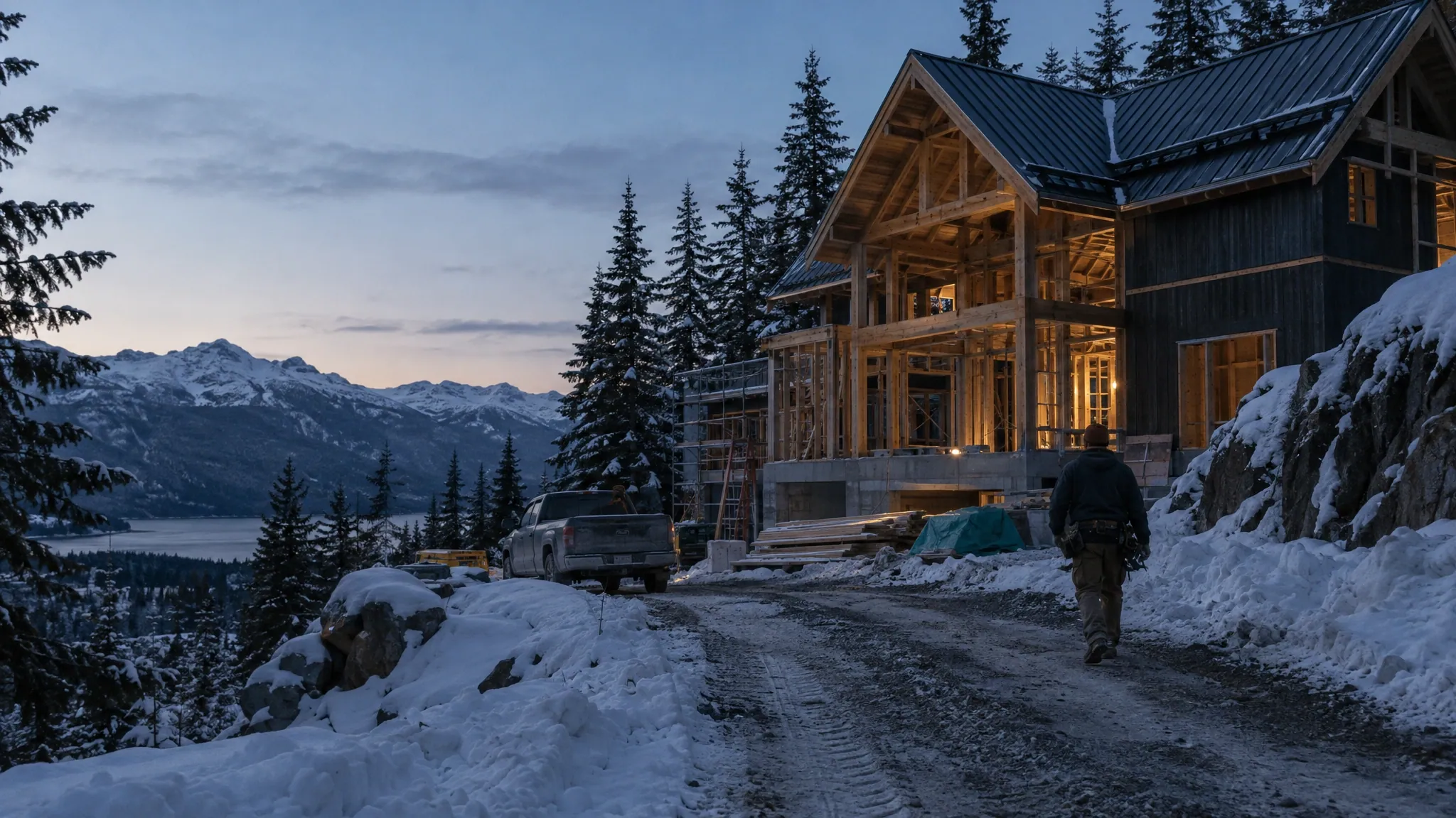 A framer walking up a snowy road to a timber-frame home under construction at dusk, with mountains and a lake behind