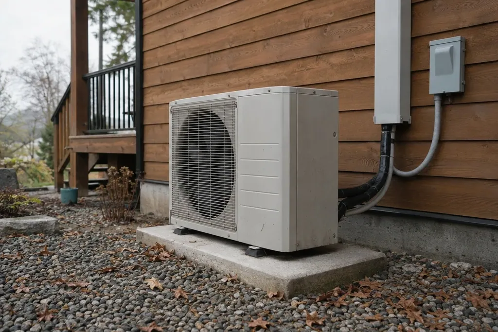 Heat pump outside a wood-sided home