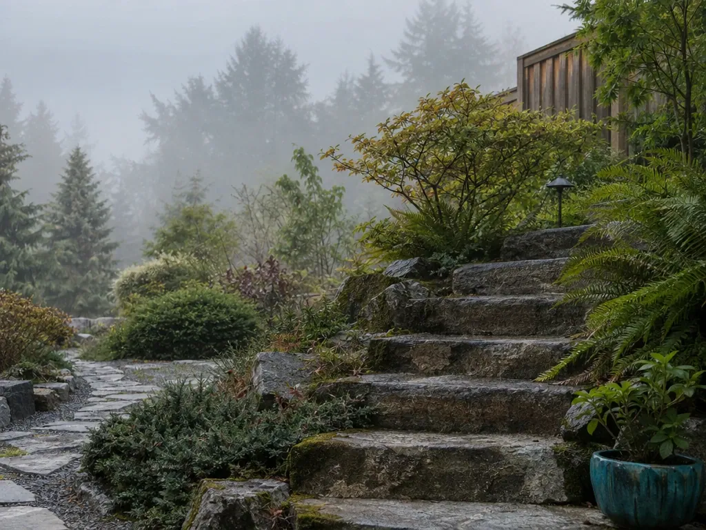 Stone steps through a planted garden in the mist