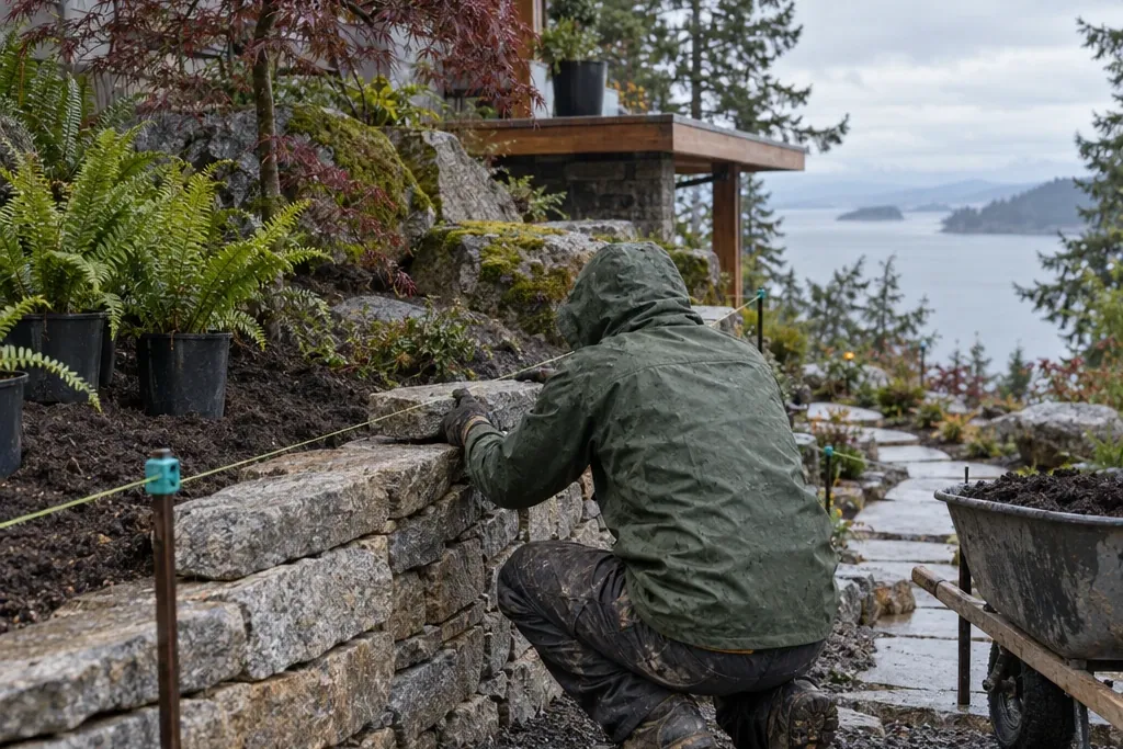 Landscaper building a stone wall above the water