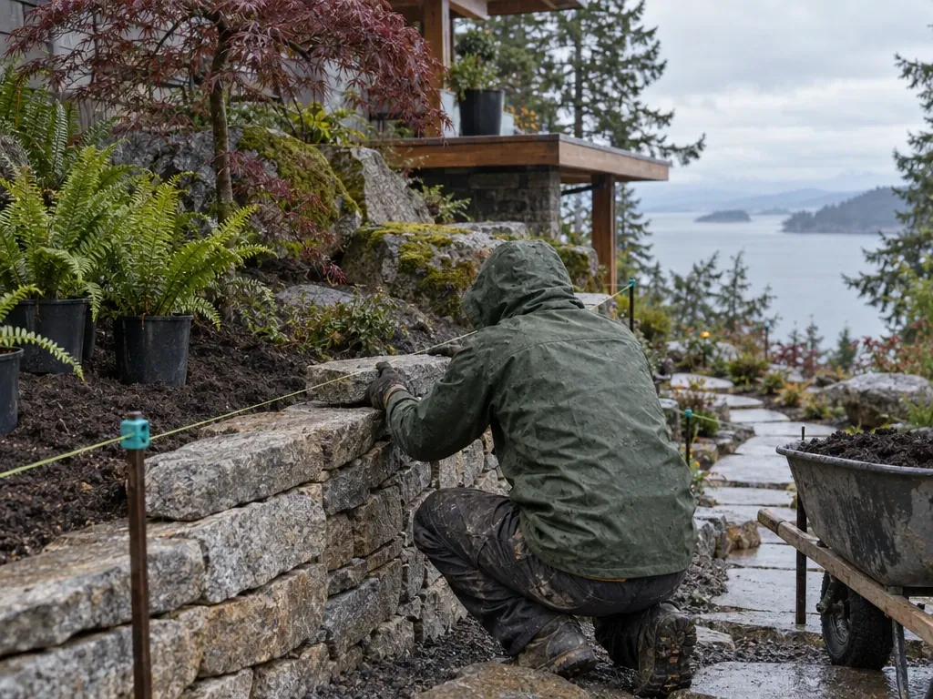 Landscaper building a stone wall above the water
