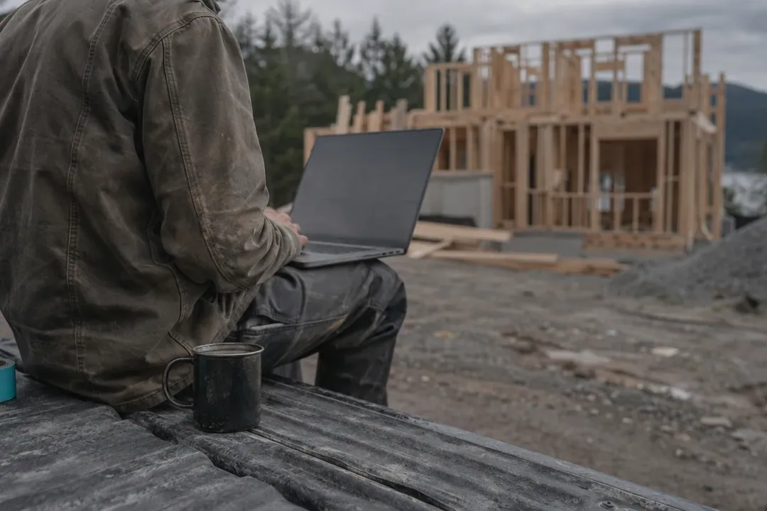 A contractor working on a laptop at a framing site