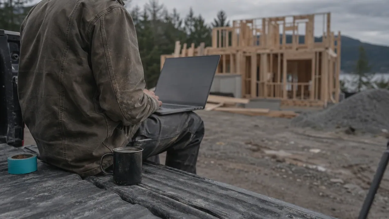 A contractor working on a laptop at a framing site