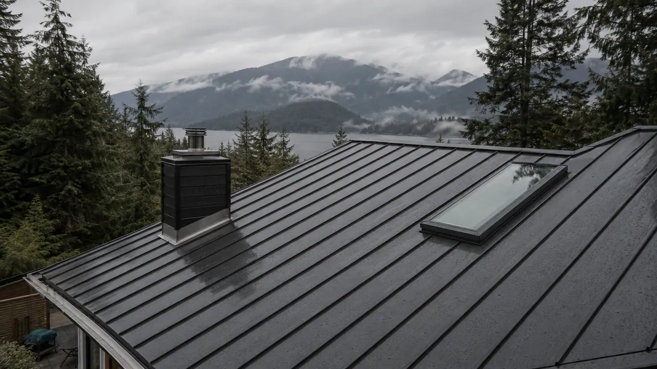 Metal roof with a skylight above a lake