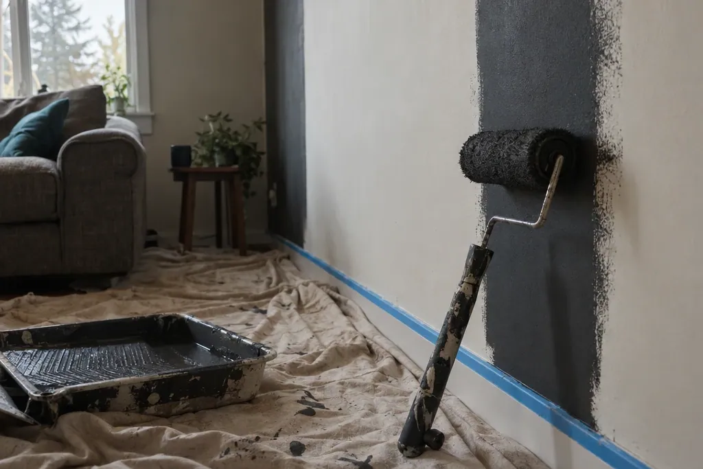 Roller painting a wall with taped edges and drop sheets