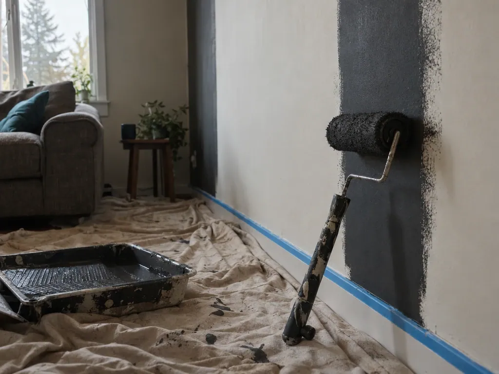 Roller painting a wall with taped edges and drop sheets