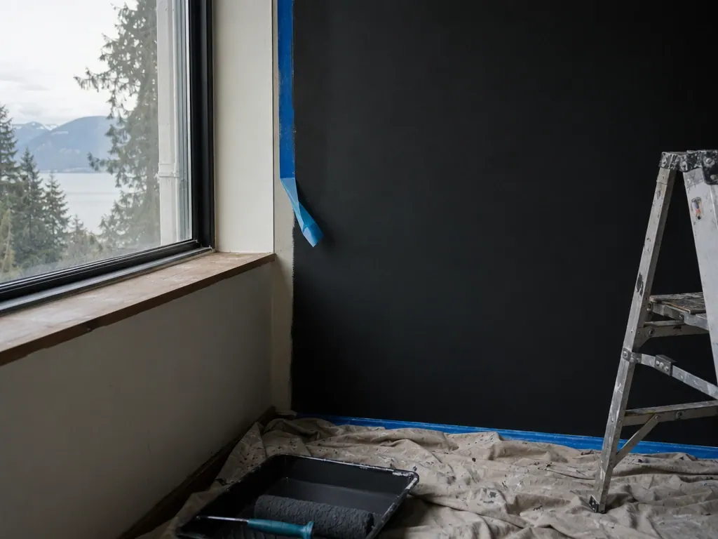 Freshly painted dark wall with a ladder and drop sheets