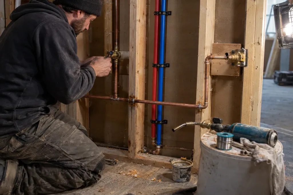 Plumber soldering copper pipe in a framed wall