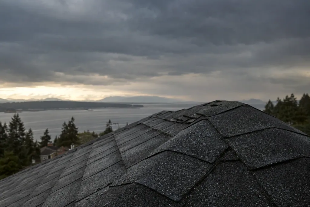 Wet asphalt shingles on a roof ridge under a stormy sky above the water