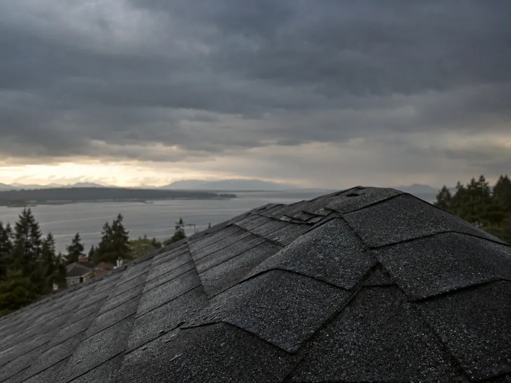 Asphalt shingle roof above the water at dusk