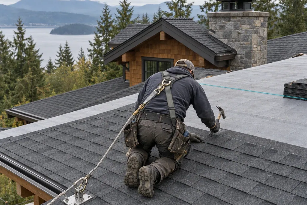 Roofer in a harness installing shingles