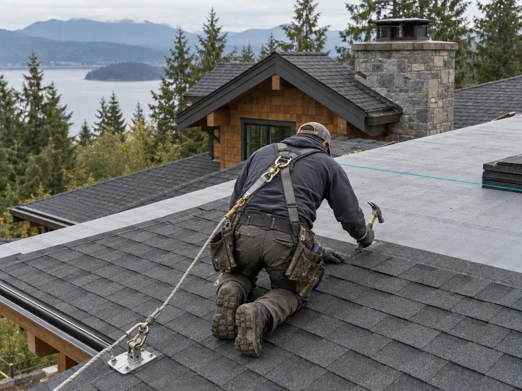 Roofer in a harness installing shingles