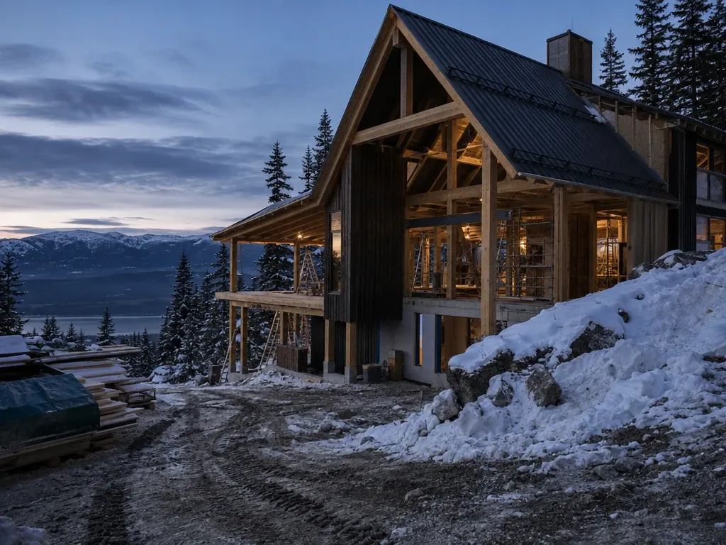 Custom home with a lit great room in the snow