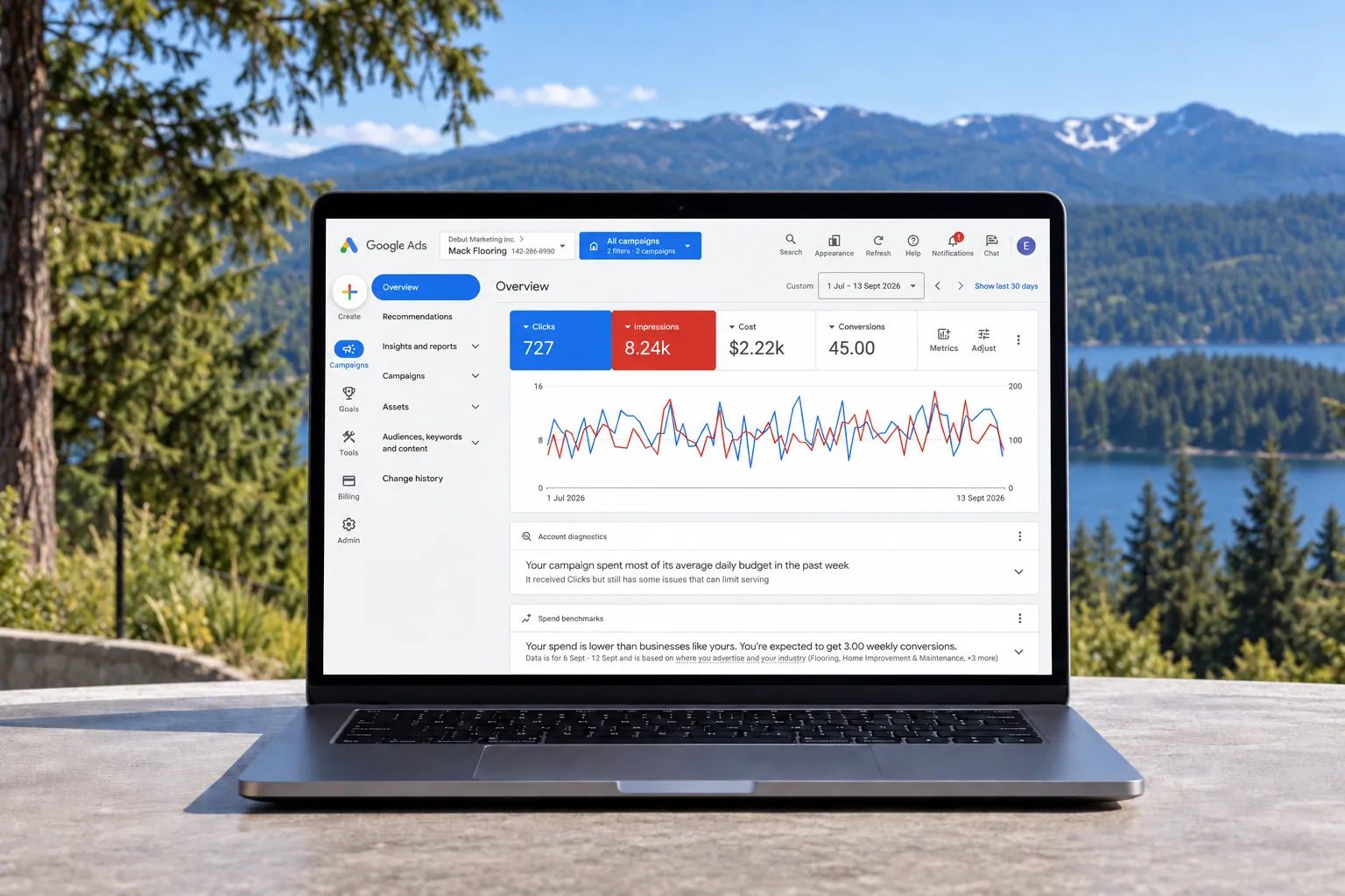 Google Ads overview for a contractor on a laptop, showing clicks, cost and conversions