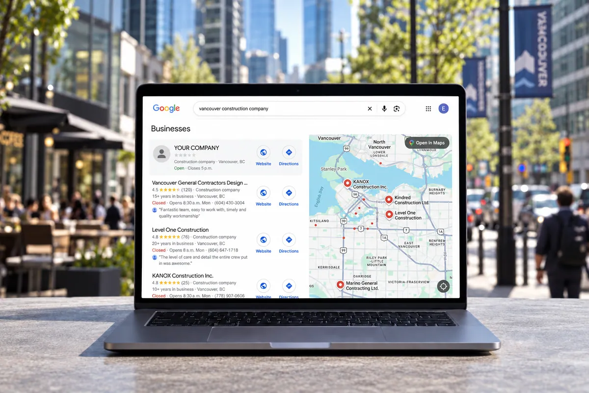 Google Maps results for a Vancouver construction company on a laptop