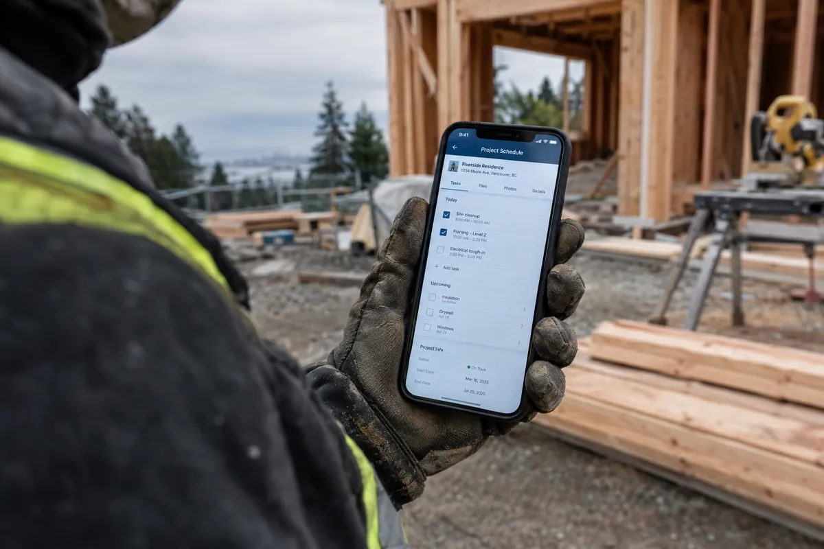 A contractor holding a phone with a booking app on a framing site