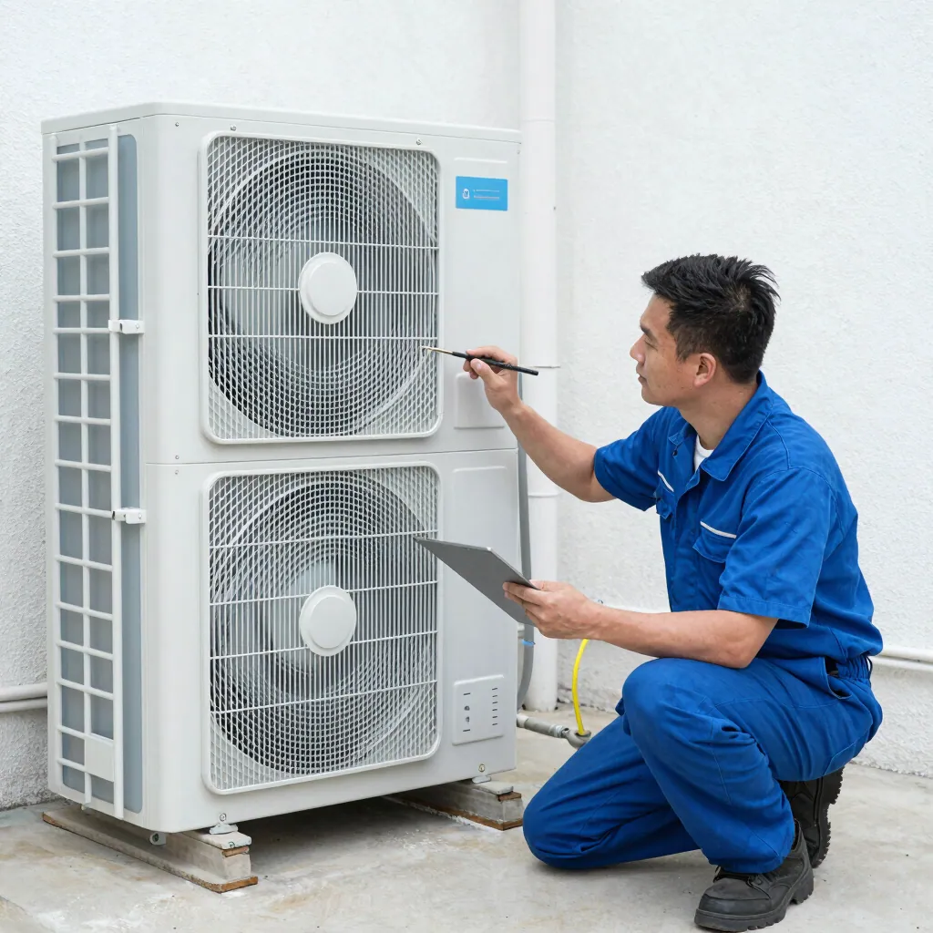 Heating technician filling in a job form beside an outdoor heat pump unit