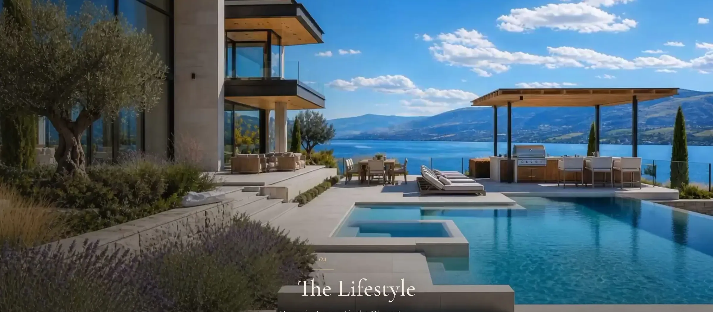A finished infinity pool above Okanagan Lake, the last frame of the Kiwi Custom Construction homepage animation