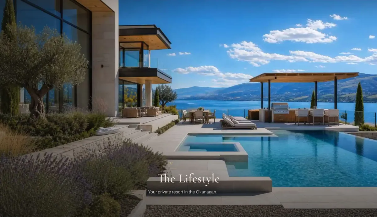 Animation frame: the finished pool full of water with loungers and a covered kitchen