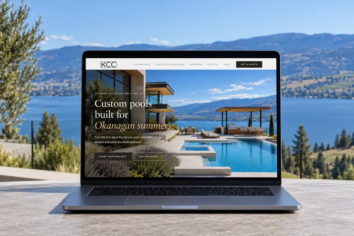 The new Kiwi Custom Construction website on a laptop above Okanagan Lake: Custom pools built for Okanagan summers
