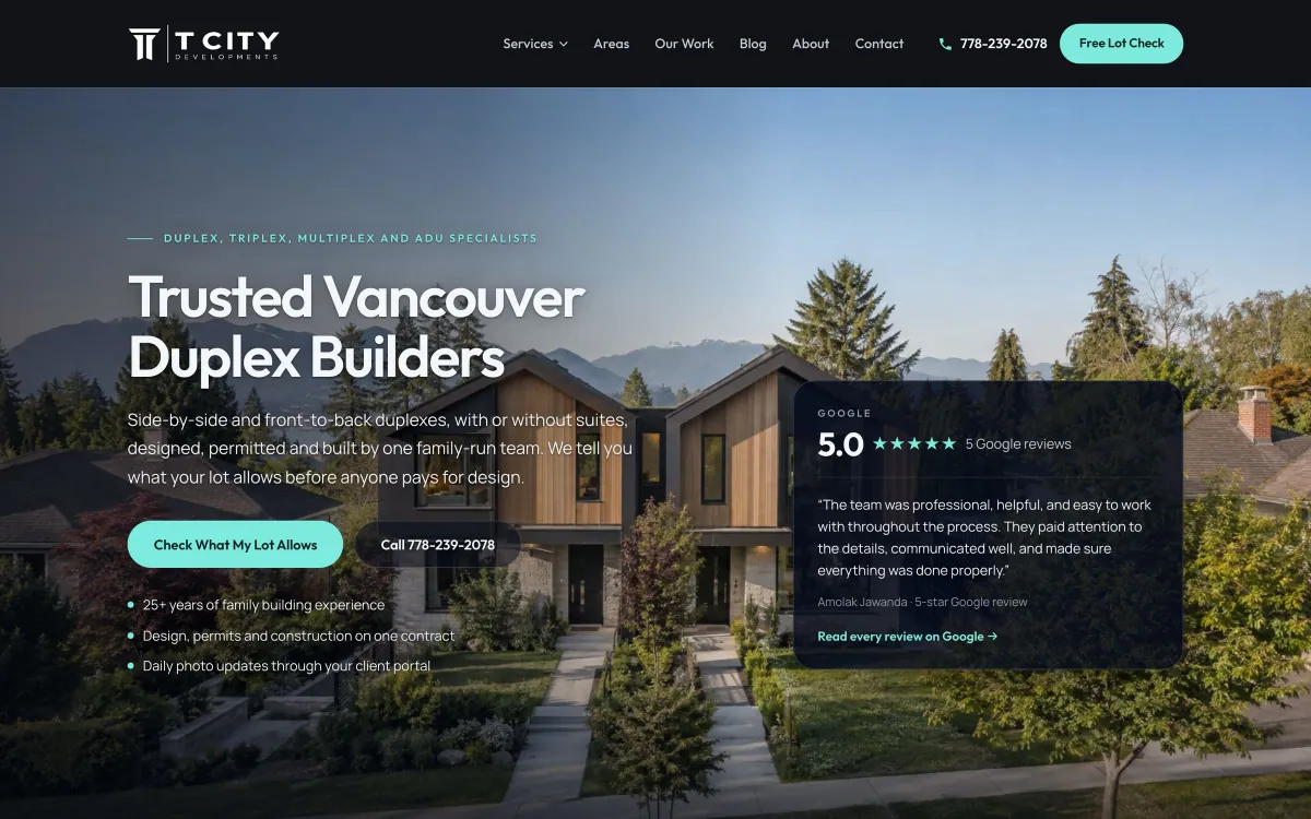 The T City Developments homepage: Trusted Vancouver Duplex Builders, with a free lot check button and a 5.0 Google rating