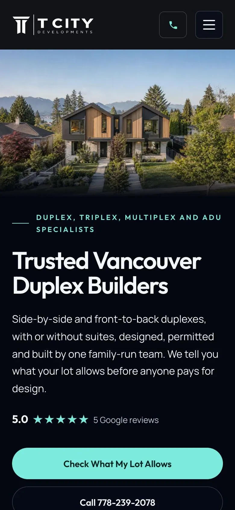 The T City Developments website on a phone