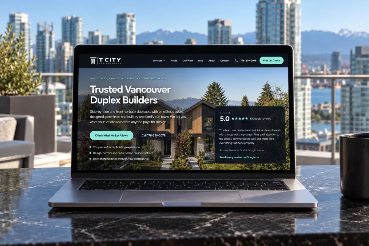 The T City Developments website on a laptop