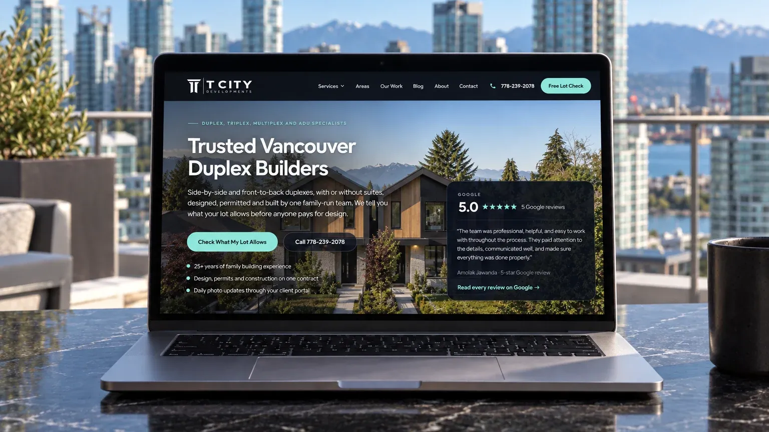 The new T City Developments website on a laptop: Trusted Vancouver Duplex Builders, with a free lot check button and a 5.0 Google rating