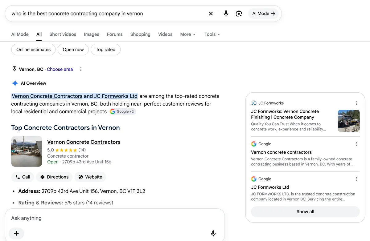 Google search for the best concrete contracting company in Vernon, with an AI Overview naming Vernon Concrete Contractors first, rated 5.0 from 14 reviews